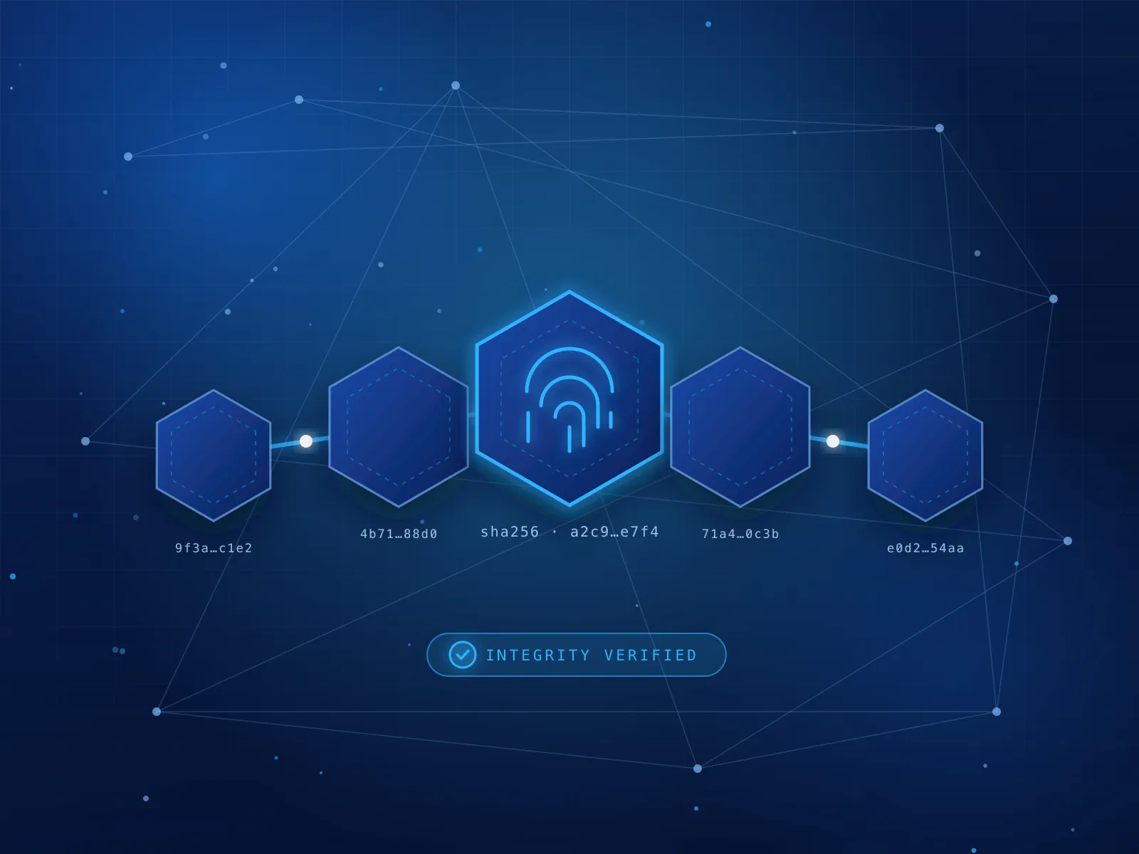 Illustration of blockchain document trust: a chain of hexagonal blocks with hashes, a fingerprint in the centre block and an integrity-verified badge.