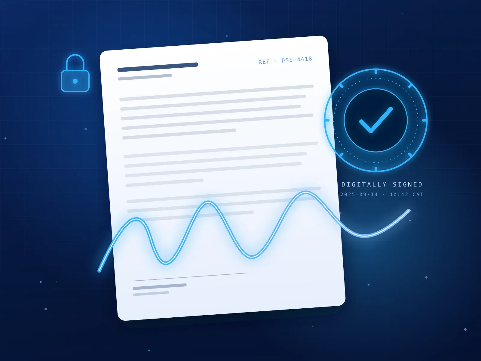 Illustration of digital signing: a document crossed by a glowing signature, a verified seal, a padlock and a timestamp.