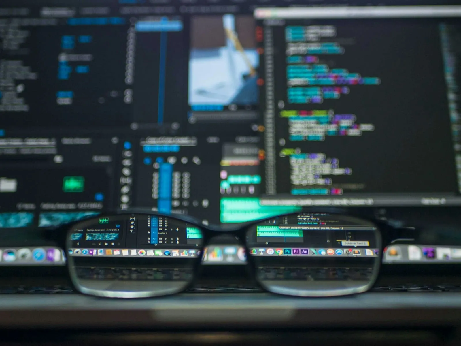 A pair of glasses resting on a desk in front of monitors filled with source code. Nobody is in the picture.